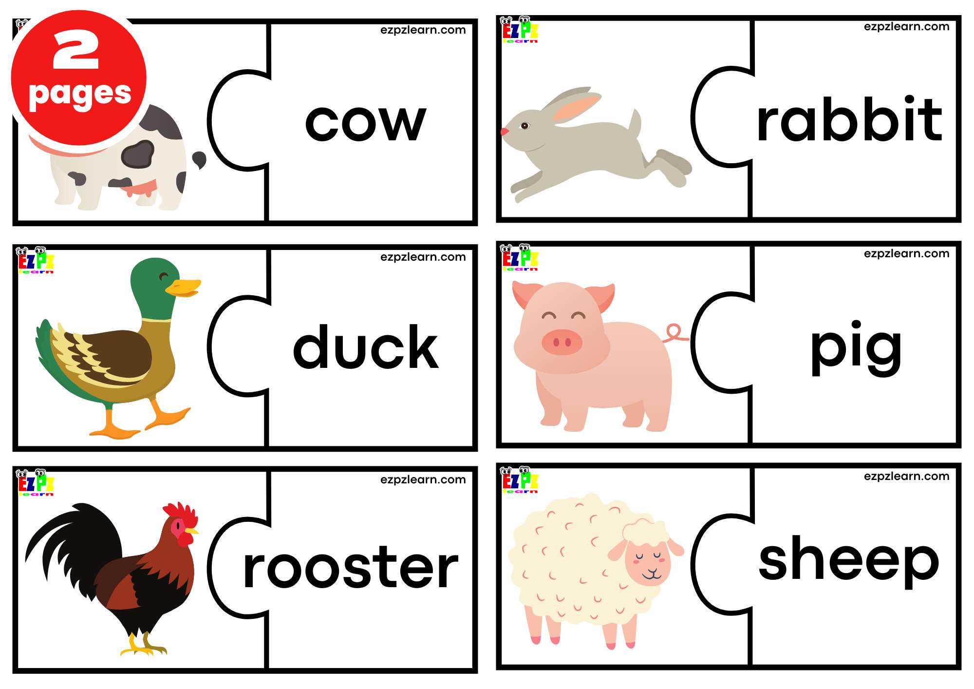 Farm Animals Puzzle Match Game. LARGE 6 Size Words per page. Free PDF Download